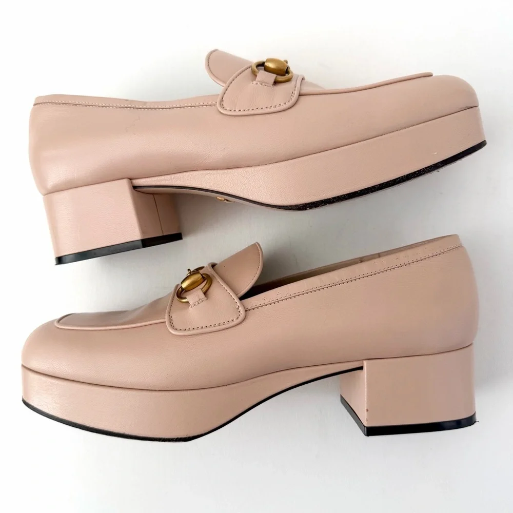 GUCCI || Houdan Blush‎ Leather Horsebit Loafer Pumps Block Heel EU 40.5